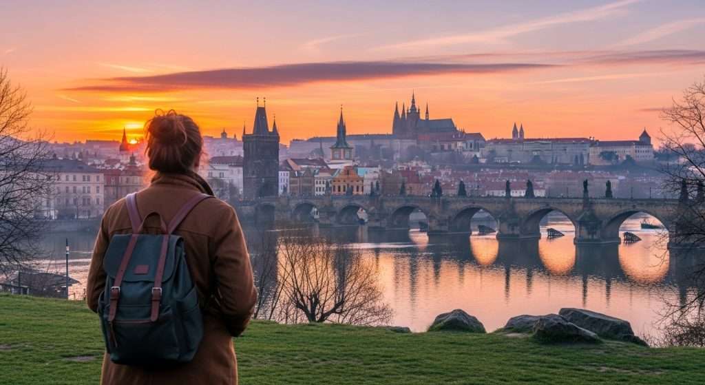 Europe train travel Prague Charles Bridge sunrise