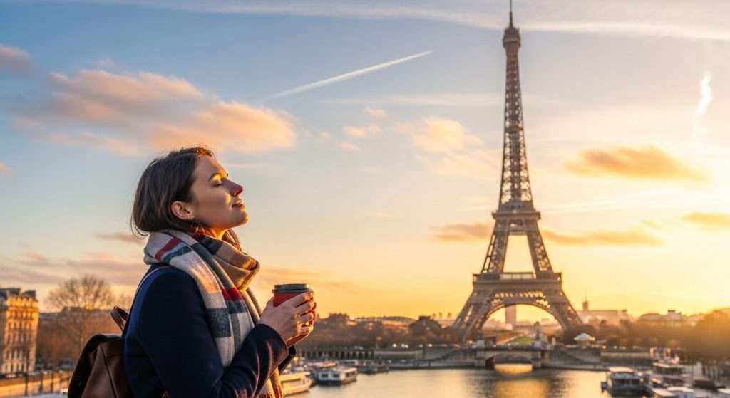 Europe train travel Paris sunrise Eiffel Tower