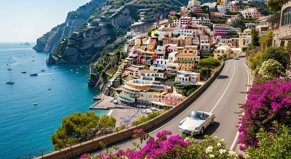 Cliffside view of Positano and the Amalfi Coast Drive in Italy — one of Europe’s most beautiful coastal road trips 2025.