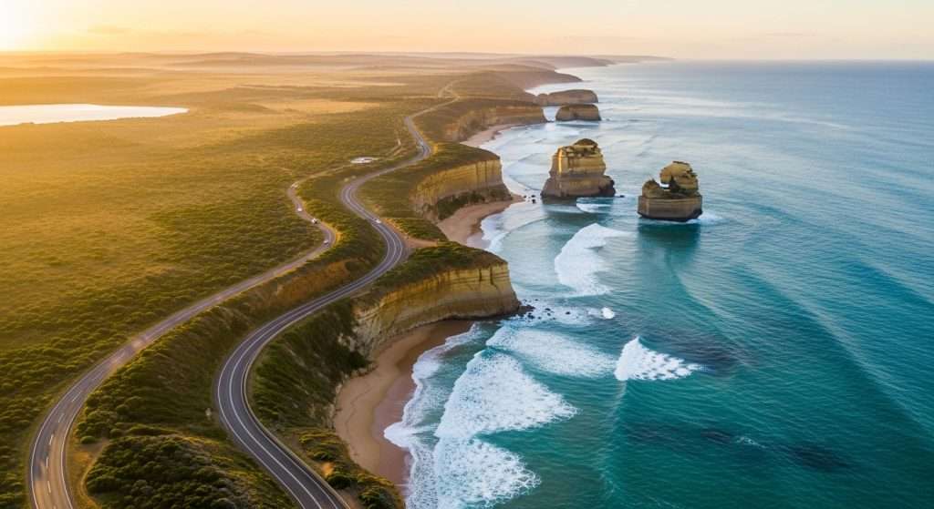 Aerial view of the Great Ocean Road and the Twelve Apostles in Australia with cliffs and turquoise ocean top coastal road trip for 2025.