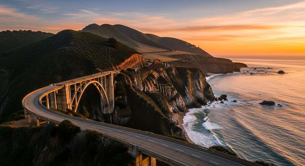 Bixby Bridge and coastal cliffs along California’s Pacific Coast Highway — iconic American road trip 2025.