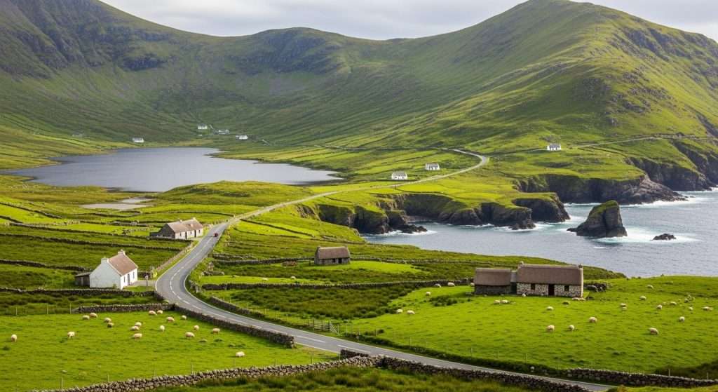 Green hills, lakes, and winding coastal road along the Ring of Kerry — Ireland’s most iconic scenic drive 2025.