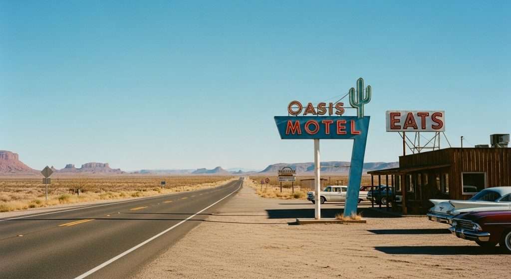 Vintage Americana scenes along Route 66 with desert landscapes and retro signs — legendary USA road trip in 2025.